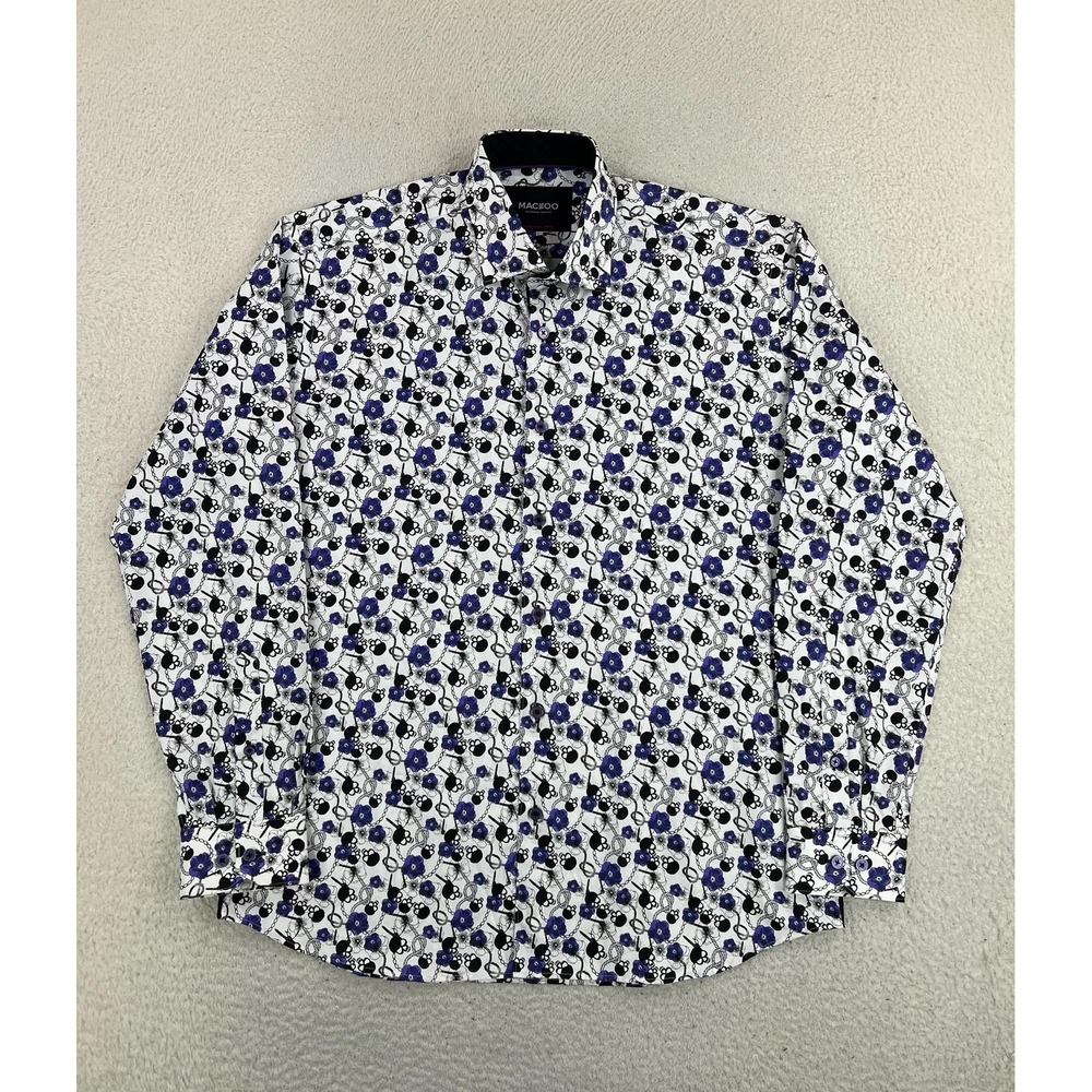 MACEOO Fibonacci Skull Chain White Floral Button Up Shirt Mens Large 4 L